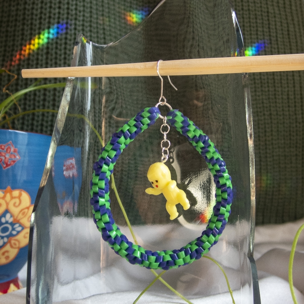Blue Green Zigzag Hoops w Baby Charms - Handmade Lanyard / Scoobidou Earrings